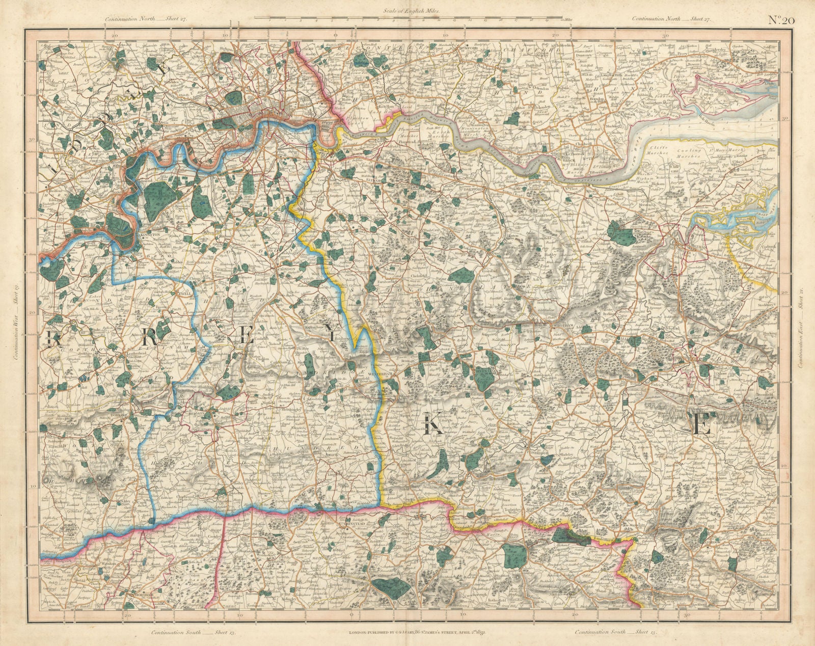 LONDON, THAMES ESTUARY, NORTH DOWNS & HIGH WEALD. W Kent, E Surrey CARY 1832 map